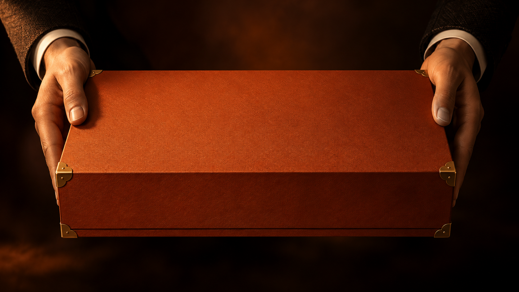 Hands presenting an orange Lamborghini wine gift box